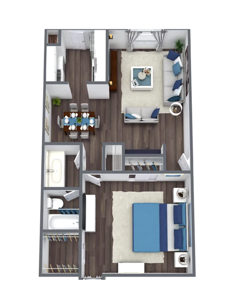 Floor plan for 1 bed, 1 bath, 785 sqft